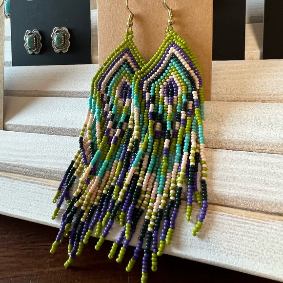 Gorgeous 💋Gold Beaded tassel boho western tribal earrings jewelry purple…New - Picture 6 of 7